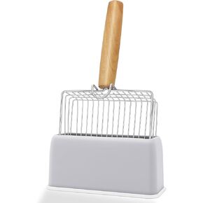 Metal Cat Litter Scoop with Holder, Fast Sifting Poop Scooper with Ergonomic Wood Handle (0.3" Gap)