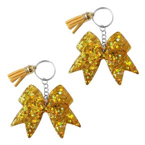 Glitter Cheer Bow Keychain - Cheer Charm Keychains - Girls Cheerleading Backpack Accessories - Cheer Gift for Cheerleaders and Team Members - Gold/2pcs