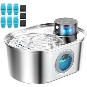 Wireless Cat Water Fountain: Battery Operated Stainless Steel Pet Fountain, Automatic Cordless Water Dispenser Indoor, Metal Faucet Bottle for Drinking, Rechargeable Dog Water Bowl with 1 Filter