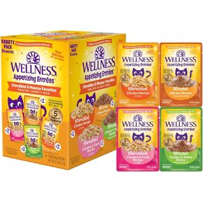 Wellness® Appetizing Entrées™ Little-a-This, Little-a-That, Seafood & Poultry Variety Pack, Natural Wet Cat Food, 1.4 oz Pouch (Pack of 8)