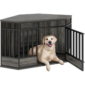 DWVO Corner Dog Crate Furniture, 52 Inch Heavy Duty Dog Kennel Indoor Furniture End Table Dog Crate for Large Dogs, Modern Decorative Dog Crate Wooden Dog Crate Furniture for Large Dogs, White Walnut