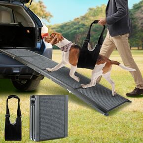 Dog Ramp for Car with Lift Harness - 63" Extra Long Folding Dog Steps for Car, Shock Absorption Strips, Portable & Easy to Carry, Non-Slip Dog Ramps for Large Dogs Up to 250lbs Enter a Car, SUV, Truck