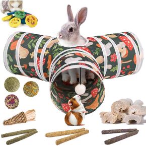Rabbit Toys, Bunny Tunnels and Tubes with Chew Toys for Grinding Teeth Bamboo Carrot Loofah and Grass Ball for Rabbit Guinea Pig Chinchilla Ferret Rat