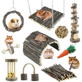 Hamster Toys Rat Toys Chinchilla Toys Hamster Chew Toys Cage Accessories Apple Wood Sticks Ladder Bell Roller for Gerbil Guinea Pigs and other Small Animal