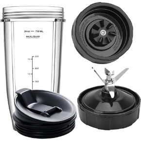 Blender Replacement Parts for Ninja, 24oz Ninja Blender Cup with To-Go Lid, 7 Fins Blender Blade Fit Ninja BN401 BN751 BN801 BL480_30 BL640-30 BL490_30 CL405CO CT680 NN100A NN101 NN102 BL2012