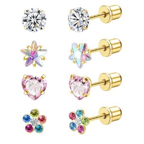 4Pairs Hypoallergenic Flat Back Earrings for Women Stainless Steel Cartilage Earrings Flat Back Heart Star Flower Handmade Screw Back Earrings for Sensitive Skin Nap Earrings Gold StyleB