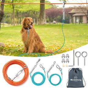 Upgraded Dog Runner for Yard, Heavy Duty Dog Trolley System 50ft with 10ft & 15ft Tie Out Cable, Outdoor Dog Lead for Large Dogs Up to 254lbs, Long Dog Leash Cable for Outside Camping, Backyard, Park