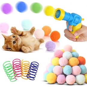 Low Noise Interactive Cat Ball Launcher Gun, 1 Noise-Reduced Launcher (New Upgraded), 20 Pcs Colorful Silent Plush Pom Pom Balls (1.2 inches), with 4 Pcs Cat Spring Toy