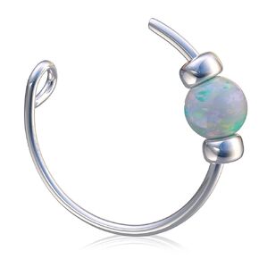 Thin Cute Silver Fake Nose Ring White Opal - 925 Stering Silver faux Opal Nose Hoop - 24 Gauge 7mm Tiny Beaded No Piercing Nose Jewelry
