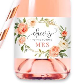 Set of 12 Peach Floral Wreath Bridal Shower Mini Champagne Bottle Labels, WATERPROOF Polyester Mini Wine Bottle Labels, Cheers to the Future Mrs, Bachelorette Party