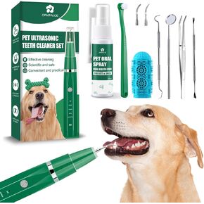 Dog Teeth Cleaning Kit, Ultrasonic Tooth Cleaner for Dogs, Smart Power Off, Kit Includes Pet Oral Spray. Dog Tartar Remover for Teeth, Remove Pet Dental Plaque Easily at Home. (Dark Green)