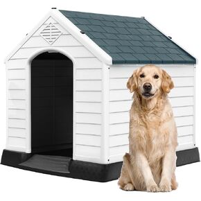 DWVO Large Plastic Dog House, Weatherproof Outdoor/Indoor Doghouse, Puppy Kennel with Air Vents and Elevated Floor, 41.3''L*38''W*38.8''H, Gray+Brown
