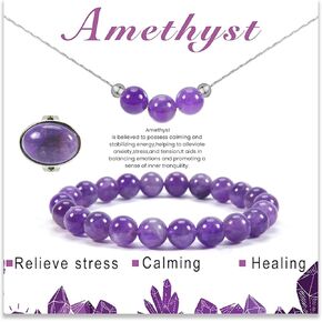 3PS Purple Jewelry Sets for Women, Amethyst Bracelet - Necklace - Ring Set, 8MM Healing Crystals Beaded Bracelets February Birthstone Necklace Adjustable Crystal Rings, Inspirational Gifts for Women in Kuwait