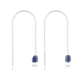 Mother's Day Gifts Blue Sapphire Earrings, Dainty Threader Pair, Natural Raw Gemstone, Thoughtful Birthstone Gift for Women, Spiritual Chakra Energy Healing Crystals Jewelry in Silver Plated