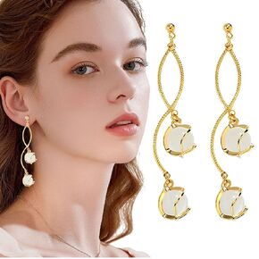 Opal Dangle Earrings for Women, WGXIA 925 Sterling Silver Cats Eye Crystal Long Dangle Earrings Line Studs Tassel Jewelry Gifts for Mothers Day Birthday Anniversary