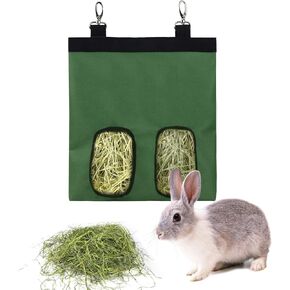 Rabbit Hay Feeder Bag Guinea Pigs Hanging Hay Rack Manger Holder Dispenser Small Animal Feeder Storage Pouch for Bunny Chinchilla Hamster (Green, 2 Windows)