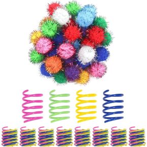 SEVENKA Cat Toys 30 Pcs Color Flash Balls and 36 Spring Toys, 1.1in Small Soft Cat Toy Ball Tinsel Pom Poms, Kitten Toys, Plastic Spiral Springs for Cat Swatting, Biting, Hunting, Active Healthy Play