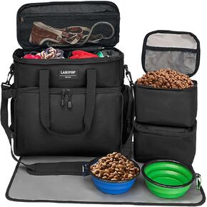 Dog Travel Bag,Weekend Pet Travel bag Set for Dog and Cat,Airline Approved Tote Multi-Function Dog Bags for Traveling,2 Food Storage Containers, 2 Collapsible Bowls, 1 Feeding Mat,Gray