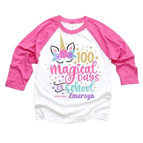 100 days of school Personalized Unicorn Shirt Girl Pink Raglan Shirt Gift for Girl