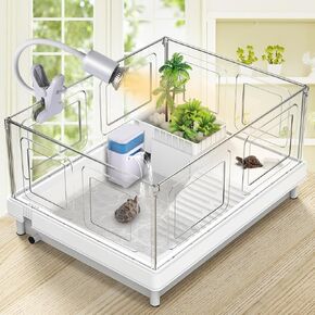 Small Turtle Tank with Filter and Light, Acrylic Turtle Tank Starter Kit, Turtle Aquarium with Platform, Bottom Drain for Small Reptiles (16.1" x 12.6" x 8.6")