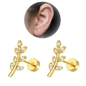 20G Cartilage Earrings for Women 14K Gold Stainless Steel Flat Back Cartilage Stud Earrings for Sensitive Ear Leaf Opal CZ Handmade Helix Conch Piercing Jewelry Silver Opal