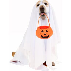 Halloween Ghost Dog Costume Set Dog White Costumes Ghost Costumes for Dogs Cats Halloween Dog Cosplay Costume and Halloween Candy Bucket Felt Pumpkin Candy Buckets Trick or Treat Bags for Dog(S)