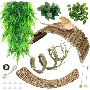 Bearded Dragon Tank Accessories Kit - 9 PCS Reptile Hammock Wooden Bridge Hideout Bendable Jungle Vine Hanging Lizard Plant Leaves Terrarium Thermometers Habitat decor for Snake Climbing Hiding