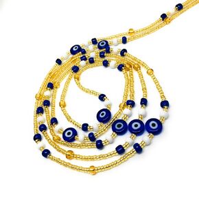 Tie on Waist beads, 43 inches Belly Bead, Evil Eye Belly Chains, Waistbead Choose Color, African Waist Chain, Bellybead (Gold & Royal blue)