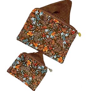 Fall Leaves Embroidered Zippered Pouch Bags, Brown Flower Print, Coin Purse Pouch