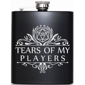 Tears of My Players Black Hip Flask 7oz Dungeon Master Gift for DM Dungeons and Dragons Party Gifts for dnd Lovers | Set of Engraved Flask 1 Funnel & 4 Shot Glasses | Great Gift for Birthday
