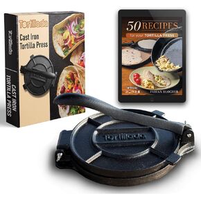Tortillada – Tortilla Press, Quesadilla/Roti Maker Large Size - Pre-Seasoned Cast Iron with Recipes E-Book (12 Inch)