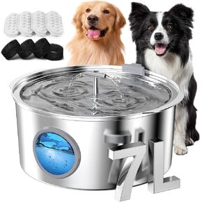 7L/1.8Gal/236oz Large Dog Water Fountain - Stainless Steel Automatic pet Drinking Dispenser with Filter, Quiet Indoor Animal Watering Fountains for Pets, Big Metal Water Bowls for Cats and Dogs