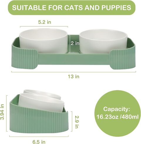 Ceramic Elevated Cat Bowls for Indoor Cats, 15°Tilted Stand Anti Vomiting Raised Cat Food and Water Bowls Set, Raised Cat Bowls with Non-Slip Cat Bowl No Spill Bowl Dishes for Cats and Puppy in Saudi Arabia