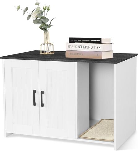 Dwanton Litter Box Enclosure, Cat Litter Box Furniture Hidden, with Scratching Mat, Wooden Cat Washroom Indoor, Fit Most of Litter Box, 31.5" L x 19.7" W x 21.7" H, White+Rustic Brown in Saudi Arabia