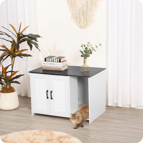 Dwanton Litter Box Enclosure, Cat Litter Box Furniture Hidden, with Scratching Mat, Wooden Cat Washroom Indoor, Fit Most of Litter Box, 31.5" L x 19.7" W x 21.7" H, White+Rustic Brown in Saudi Arabia