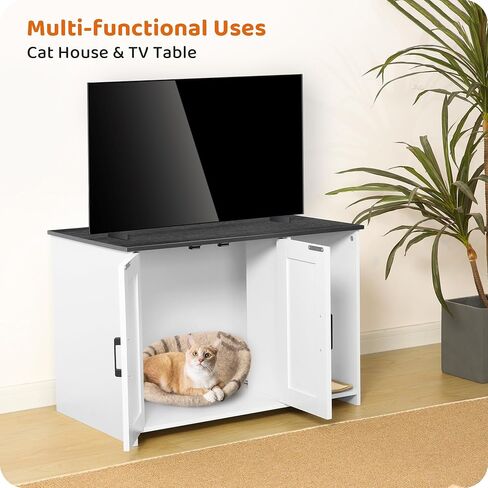 Dwanton Litter Box Enclosure, Cat Litter Box Furniture Hidden, with Scratching Mat, Wooden Cat Washroom Indoor, Fit Most of Litter Box, 31.5" L x 19.7" W x 21.7" H, White+Rustic Brown in Saudi Arabia