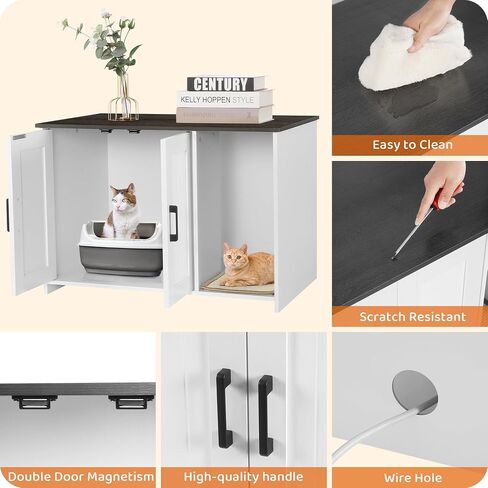 Dwanton Litter Box Enclosure, Cat Litter Box Furniture Hidden, with Scratching Mat, Wooden Cat Washroom Indoor, Fit Most of Litter Box, 31.5" L x 19.7" W x 21.7" H, White+Rustic Brown in Saudi Arabia