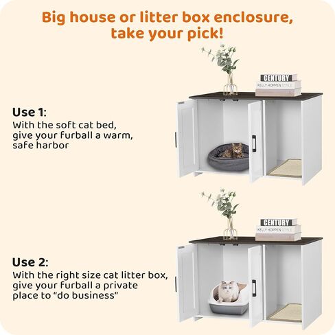 Dwanton Litter Box Enclosure, Cat Litter Box Furniture Hidden, with Scratching Mat, Wooden Cat Washroom Indoor, Fit Most of Litter Box, 31.5" L x 19.7" W x 21.7" H, White+Rustic Brown in Saudi Arabia