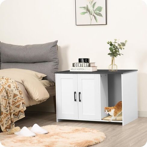 Dwanton Litter Box Enclosure, Cat Litter Box Furniture Hidden, with Scratching Mat, Wooden Cat Washroom Indoor, Fit Most of Litter Box, 31.5" L x 19.7" W x 21.7" H, White+Rustic Brown in Saudi Arabia