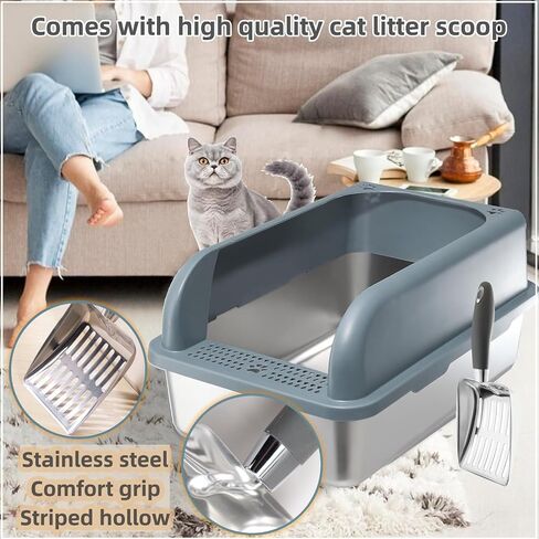 Enclosed Stainless Steel Cat Litter Box, Upgraded XXL Extra Large Litter Box for Big Cats, Metal Litter Box High Sided, Easy Cleaning, Include Litter Scoop (with cat mat) in Saudi Arabia