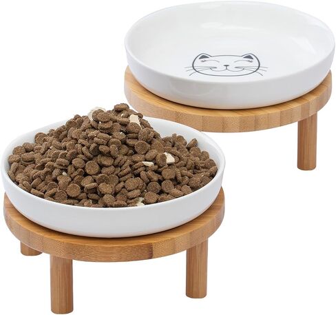 Shallow Elevated Cat Bowls,5.9 Inch Wide Raised Ceramic Cat Dishes with Bamboo Stand, Whisker Friendly Pet Water or Food Plates Feeding Station for Indoor Cats, Kitten(White,Set of 2) in Saudi Arabia