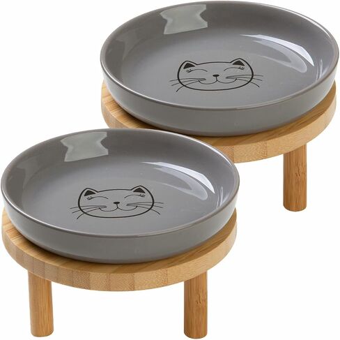 Shallow Elevated Cat Bowls,5.9 Inch Wide Raised Ceramic Cat Dishes with Bamboo Stand, Whisker Friendly Pet Water or Food Plates Feeding Station for Indoor Cats, Kitten(White,Set of 2) in Saudi Arabia