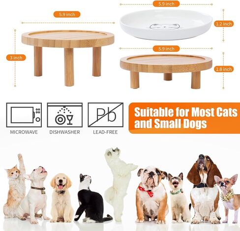 Shallow Elevated Cat Bowls,5.9 Inch Wide Raised Ceramic Cat Dishes with Bamboo Stand, Whisker Friendly Pet Water or Food Plates Feeding Station for Indoor Cats, Kitten(White,Set of 2) in Saudi Arabia