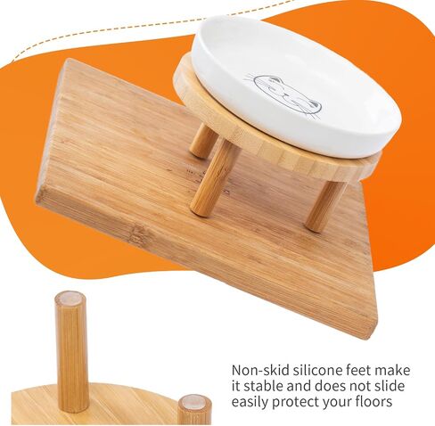 Shallow Elevated Cat Bowls,5.9 Inch Wide Raised Ceramic Cat Dishes with Bamboo Stand, Whisker Friendly Pet Water or Food Plates Feeding Station for Indoor Cats, Kitten(White,Set of 2) in Saudi Arabia