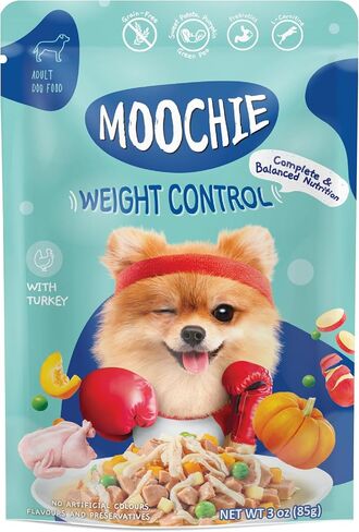 طعام الكلاب الرطب الخالي من الحبوب من MOOCHIE للسلالات الصغيرة - التحكم في الوزن - الديك الرومي مع البطاطا الحلوة والقرع والبازلاء الخضراء - بدون مواد حافظة مضافة أو نكهات صناعية - 3 أونصة × 12 كيس in Kuwait