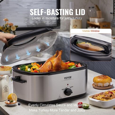 VEVOR Electric Roaster Oven, 26 QT Turkey Roaster Oven with Self-Basting Lid, 1450W Roaster Oven with Defrost & Warm Function, Adjustable Temperature, Removable Pan & Rack, Fits Turkeys Up to 30LBS in Saudi Arabia