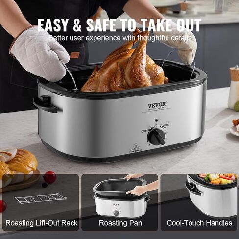 VEVOR Electric Roaster Oven, 26 QT Turkey Roaster Oven with Self-Basting Lid, 1450W Roaster Oven with Defrost & Warm Function, Adjustable Temperature, Removable Pan & Rack, Fits Turkeys Up to 30LBS in Saudi Arabia