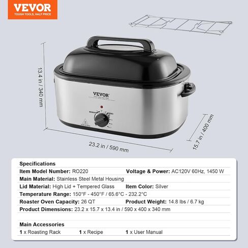 VEVOR Electric Roaster Oven, 26 QT Turkey Roaster Oven with Self-Basting Lid, 1450W Roaster Oven with Defrost & Warm Function, Adjustable Temperature, Removable Pan & Rack, Fits Turkeys Up to 30LBS in Saudi Arabia