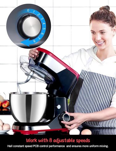خلاط بحامل P'RICH، أوعية 5.3QT، خلاط طعام كهربائي، خلاط مطبخ 8 سرعات للاستخدام اليومي مع خفق البيض، خطاف العجين، مضرب مسطح (YM602 أسود) in Saudi Arabia