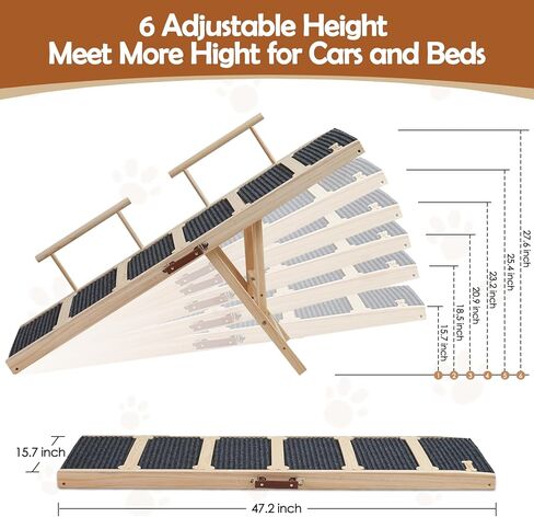 منحدر قابل للتعديل للكلاب الأليفة للسرير - سلالم منحدر للكلاب/الحيوانات الأليفة مقاس 47.2 بوصة للأسرة العالية مقاس 30 بوصة - 6 قابلة للتعديل من 15.7 بوصة إلى 28 بوصة - منحدر خشبي قابل للطي للأرائك والسيارات للكلاب الكبيرة التي يصل وزنها إلى 200 رطل in Kuwait